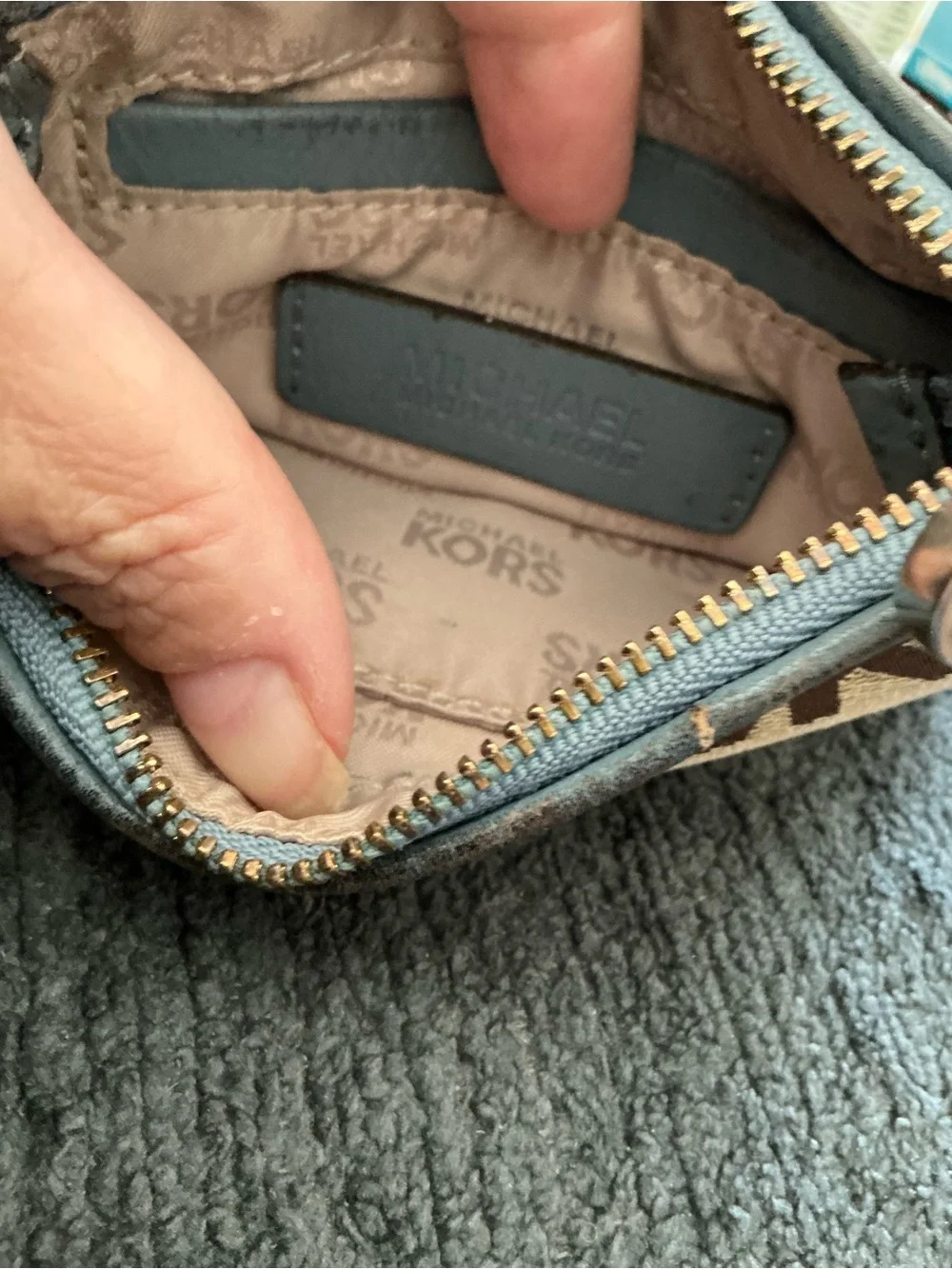 Michael Kors Brown Signature MK Wristlet with Blue Trim